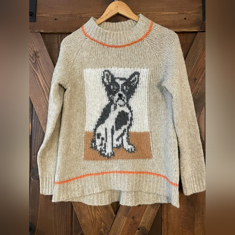 Aerie Oversized French Bulldog Boston Terrier Knit Sweater in Beige Oatmeal - Picture 3 of 8